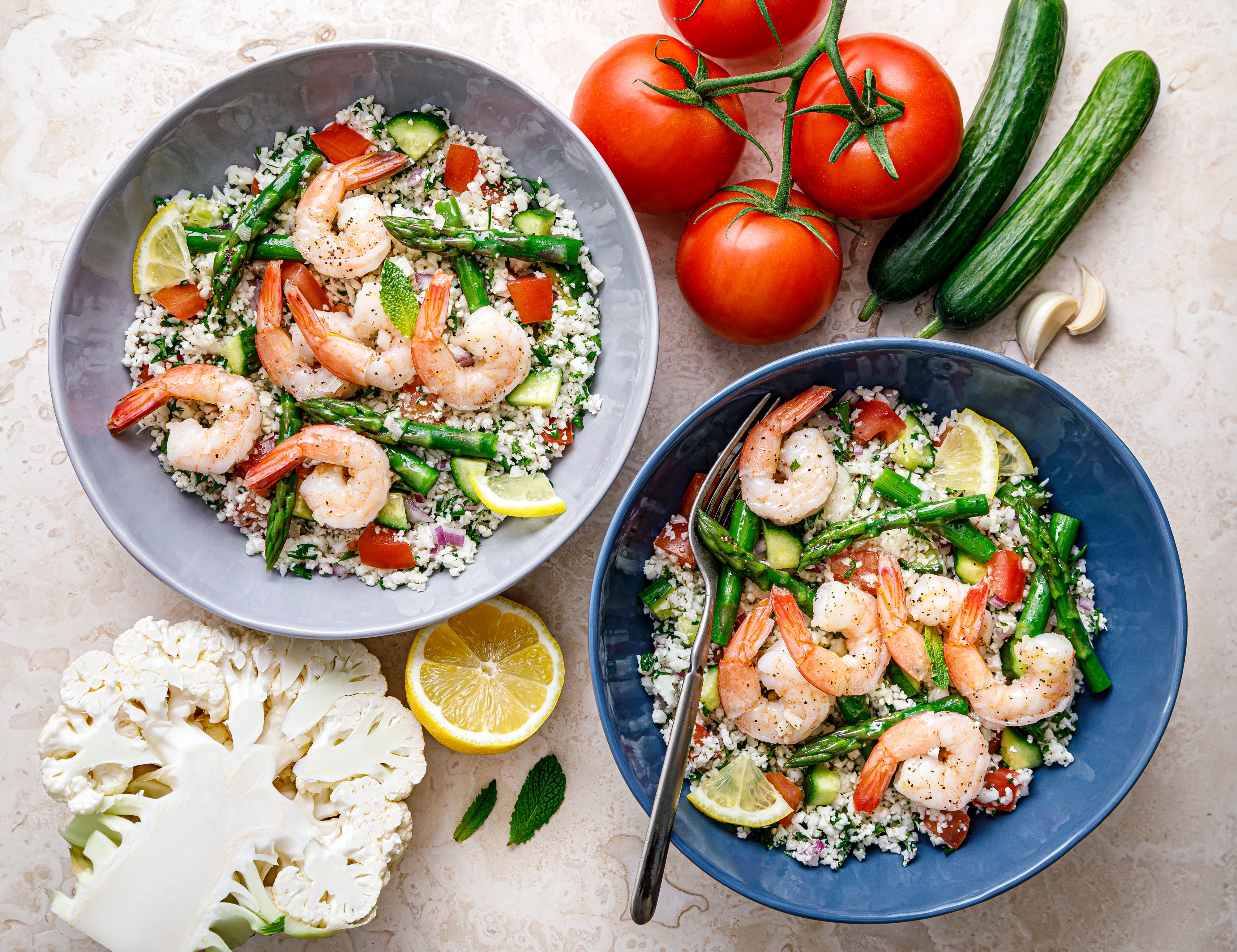 Springtime Shrimp, Herb, and Asparagus Tabbouleh (Grain free)